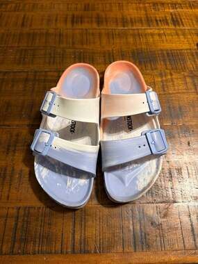 Birkenstock Arizona EVA Marbled Sandals in Coral Peach Blue White